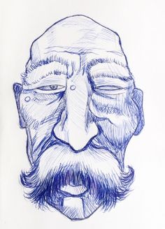 a drawing of a man's face with glasses and a beard, in blue ink