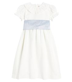 Vega Ceremony linen and cotton dress in white - La Coqueta | Mytheresa White Linen Ruffle Dress For Daywear, White Silk Short Sleeve Dress, Elegant Casual Linen Dress, Elegant Linen Dress For Casual Wear, Elegant Linen Dresses With Ruffles, Formal Spring Linen Dress, Classic A-line Linen Dress, Formal Blue Cotton Dress, White Silk Daywear Dress