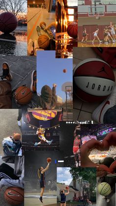 a collage of photos with basketballs and people