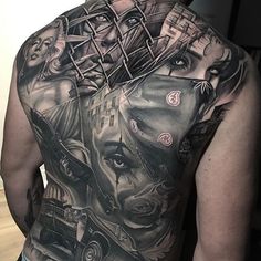 the back of a man's body is covered in tattoos and features images of people