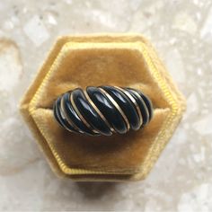 A Singular, Modern Take On The Classic Dome Ring. Onyx Enamel Is Accented By 14k Yellow Gold Trim Weaving Throughout The Ring. Size 6.5 All Measurements Are Approximate Good Vintage Condition: Chip In Back Of The Band. Price Reflects. Gold Box Sold Separate Modern / Mid Century Elegant Black Enamel Jewelry, Elegant Black Enamel Ring With Polished Finish, Black Enamel Rings For Anniversary, Vintage Black Enamel Ring For Formal Occasions, Elegant Black Enamel Ring As Gift, Elegant Black Enamel Ring Gift, Vintage Black Enamel Jewelry, Black Vintage Enamel Jewelry, Black Vintage Enamel Ring