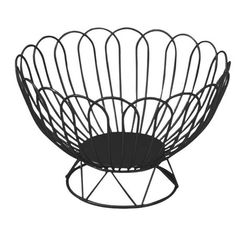 a black metal basket with wire design