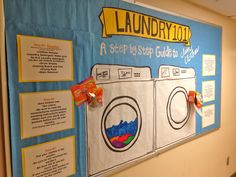 a dryer and laundry machine display on the wall in a school hallway or classroom