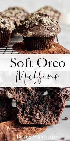 chocolate muffins on a cooling rack with text overlay that reads soft oreo muffins