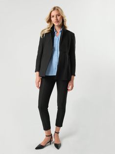 Finally, a blazer for maternity & nursing that matches the quality, tailoring, and professional polish of your best non-maternity suiting pieces. Even better, its empire cut is designed to fit and flatter during and long after pregnancy. Wear open or closed for a range of styles. The Nathalie pairs perfectly with your other suit separates, and is cut with the same Italian stretch suiting fabric as our Nathalie Wide Leg Maternity Trouser, our Boardroom Maternity & Nursing Dress, our Slim Leg Mate