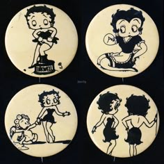 four buttons with cartoon characters on them are shown in black and white, as well as an image of a woman holding a baby