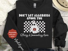 A soft, comfortable, and customizable Halloween shirt for the Allergy & Immunology nurse in your life.  Makes a great gift for nurse graduation or any special occasion like a birthday.  Personalize by adding a name to the sleeve. It has a custom saying specifically for Allergy & Immunology nurses. SWEATSHIRT PRODUCT DESCRIPTION: deal for any situation, a unisex heavy blend crewneck sweatshirt is pure comfort. These garments are made from polyester and cotton. This combination helps designs come Forensic Nurse, Correctional Nurse, Or Nurse, Nurse Halloween, Nurse Graduation, Nurse Graduation Gift, Halloween Nurse, Nurse Sweatshirt, Gift For Nurse