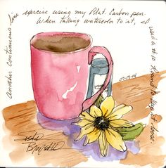 a watercolor and ink drawing of a pink coffee mug with a yellow flower