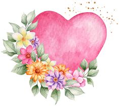 a watercolor heart with flowers and leaves