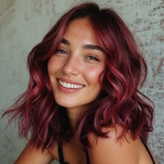 Pixie Color Ideas, Red Medium Length Hair, Violet Red Hair Color, Subtle Red Hair, Red Violet Hair Color, Red Hair With Bangs, Red Violet Hair