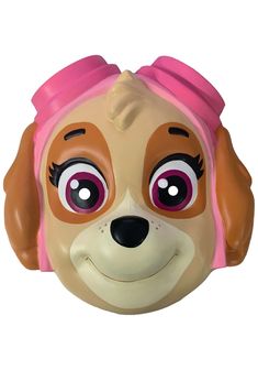 a close up of a dog mask on a white background with pink hair and big eyes