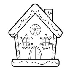 a gingerbread house with candy canes on the roof and windows coloring page for kids