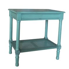 a blue end table sitting on top of a white floor