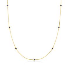 Ross-Simons - .20 ct. t. w. Sapphire Station Necklace in 14kt Yellow Gold. 18". RS Pure. Create the perfect layered look with delicate, modern jewelry. This minimalist necklace features .20 ct. t. w. sapphire rounds stationed along a simple cable chain in polished 14kt yellow gold. Perfect for daily wear, it complements all your go-to dainty necklaces. Includes a 2" extender. Springring clasp, sapphire station necklace. Sapphire birthstones are the perfect gift for September birthdays. Fine Jewelry Station Necklace With Cable Chain, Fine Jewelry Round Station Necklace With Delicate Chain, 14k Gold Station Necklace With Delicate Chain, Fine Jewelry Station Necklace With Adjustable Chain, Necklace Sapphire, Sapphire Birthstone, Dainty Necklaces, Gold Sign, Sapphire Color