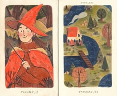 two children's books with pictures of houses, trees and a wizard in them