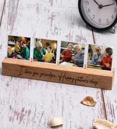 four photos are placed on a wooden block with the words i love you grandpa, happy father's day