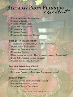 a birthday party planning checklist on a table with flowers in the center and other items around it