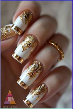 Om Nails Design, Ladylike Nails, Golden Nail Art, Gold Goddess, Fall Nail Trends, Fall Nail Art Designs, Leaf Patterns, Designs Nail, Fall Nail Art