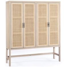 an armoire with wicker doors on the front and bottom, against a white background