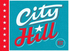 the city hall logo is shown in red, white and blue with stars on it