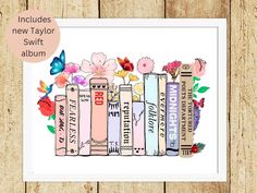 an illustration of books with flowers and butterflies on them, next to the words new taylor album