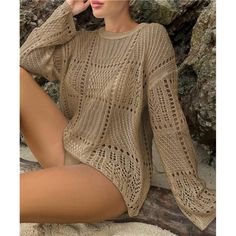 Size - S=Us 4, M=Us 6, L=Us 8-10, Xl= Us 12 Design - Oversized Crochet Cover Up Features Round Neck, Airy And Lightweight Construction, Long Sleeve And The Loose Fit Provides A Comfortable And Relaxed Feel. Fabric - This Beach Cover-Up Made Of 100% Polyester Yarn. The Intricate Knit Design And Hollow Out Details Add A Touch Of Casual To Your Swimsuit. Occasion - This Beach Dress Cover Up Perfect For Wearing At Beach, Swimming Pool, Poolside Tanning Salon, And Water Park. It Is Also The Good Choi Beige Crew Neck Sweater For Beach, Casual Beige Beach Sweater, Beige Casual Sweater For Beach, Beige Summer Beach Sweater, Summer Beach Brown Sweater, Brown Summer Beach Sweater, Brown Sweater For Beach In Spring, Brown Sweater For Spring Beach, Beach Swimming Pool