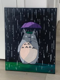 a painting of a totoro holding an umbrella in the rain