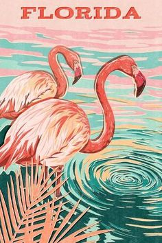 a pink flamingo standing on top of a lake next to palm trees and water