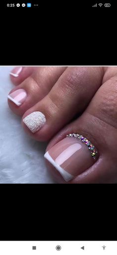 French Nails Toes Toenails, French Tip Pedicure With Rhinestones, French Toe Nails With Design, Toe French Nail Designs, White Toes With Gems, Feet Pedicure Nails, French Toes With Rhinestones, French Tip Pedicure With Design, Wedding Nails And Toes