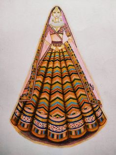 a drawing of a woman's dress with an elaborate pattern on the bottom and sides