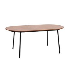 an oval table with black legs and a wooden top, viewed from the front view