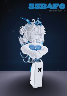 a white and blue sculpture with stars on it's head, in front of a dark background