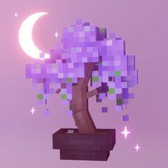 a small tree with purple and green squares on it in front of a crescent moon