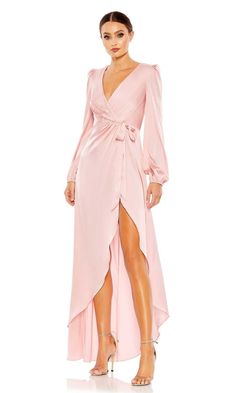 Rose pink faux wrap long puff sleeve v-neck formal dress. Pink Satin Wrap Dress, High Low Dress Formal, Charmeuse Fabric, Mac Duggal Dresses, Long Sleeve Gown, Prom Designs, Designer Prom Dresses, Puff Long Sleeves, Satin Gown