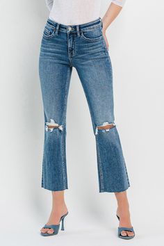 Comfort Stretch Denim  High Rise Waist  Distressed Detail  Clean Cut Raw Hem  Cropped Crop Flare Jeans, Crop Flare, High Rise Style, Chic Aesthetic, Stylish Jeans, Cropped Flare Jeans, Curvy Dress, Cropped Flares, Clean Cut