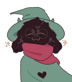 a black cat wearing glasses and a green coat with a pink scarf around its neck