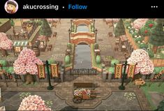 an animal crossing game with flowers and trees