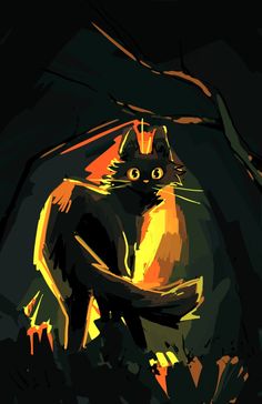 a painting of a black cat with yellow eyes sitting on the ground in front of a dark background