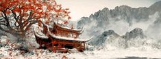 Japanese Background, Asian Wallpaper, Art Examples, Art Chinois, Japanese Temple, Chinese Landscape, Japanese Landscape, Color Painting, Art Japonais