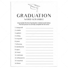 Graduation Word Scramble with Answer Key Printable by LittleSizzle Graduation Party College, Key Printable, Graduation Words, Graduation Games, College Graduation Party, Graduation Party Games, Party College, Scramble Game, Baby Shower Wishes