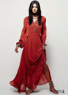 Red Long Sleeves Boho Maxi Dress Jordyn Red Bohemian Dress, Long Sleeve Boho Maxi Dress, White Lace Maxi Dress, Ethno Style, Boho Mode, White Lace Maxi, Estilo Hippy, Boho Festival Fashion, Estilo Hippie