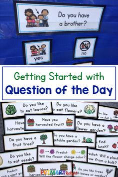 a blue box with pictures and words on it that says getting started with question of the day