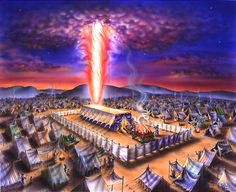 an artistic painting of a large city with tents and mountains in the background at night