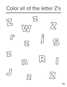 the letter z's coloring page is shown in black and white with different letters