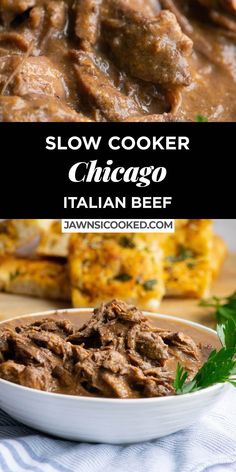 slow cooker chicago italian beef in a white bowl