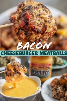 bacon cheeseburger meatballs on a stick with dipping sauce