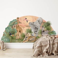 an elephant, zebra and giraffe mural in a child's bedroom