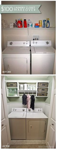 before and after pictures of a small laundry room