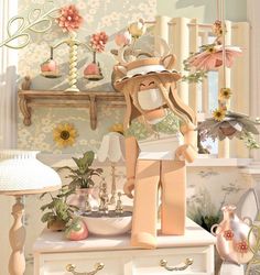 a paper doll is standing in front of a table with flowers and other items on it