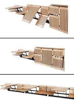 three different views of wooden benches with slatted back and sides, one on each side